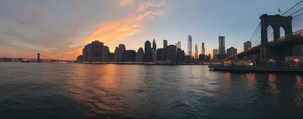 Obraz premium New York Cityscape at Dusk Featuring Manhattan Skyline, East River, and Brooklyn Bridge