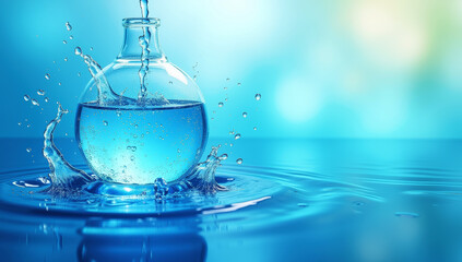 Crystal-Clear Blue Liquid Pouring into a Round Glass Flask with Rippling Splashes and Reflections