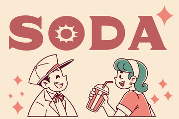 vintage Illustration in retro poster style featuring 1950s soda ads