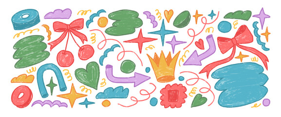 Abstract stickers shapes crayon drawn set. Naive multi colors doodle figures on white background. Crown, cherry, heart and geometric forms sketch elements. Vector childish illustration by pencil.