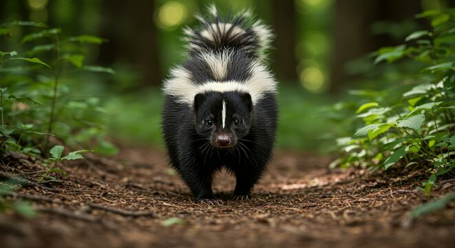 A captivating skunk portrait, cautiously exploring its forest habitat