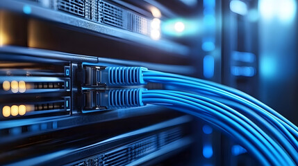 Close-up view of blue ethernet cables connected to a server rack, showcasing data center technology and network infrastructure. 