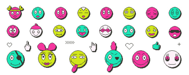 Pixel art game faces with smiles. 8 bit retro characters elements. Pixel 90s funny expression style. Vector laugh and happy y2k round stickers set illustration. Good feeling and expressions symbols..