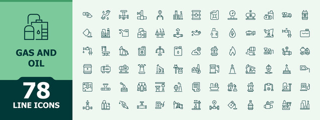 Gas and oil icon set. Contain linear symbols power, refinery, pump, gas, petroleum, oil and more. Petroleum icon set. Minimalist vector collections. Vector illustration in modern line style.