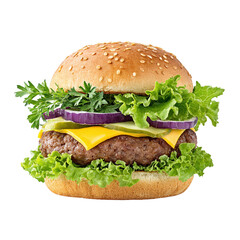 Delicious cheeseburger with fresh toppings on a sesame seed bun is ready