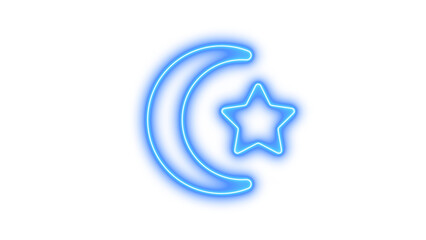 Neon Crescent Moon and Star Sign, Neon star and crescent glow with transparent background