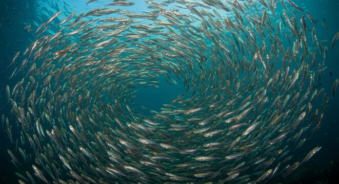 Mesmerizing Swirl, A Dense School of Silver Fish Swimming in Harmony Beneath the Ocean Surface Radiating Underwater Splendor