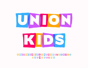 Vector Funky emblem Union Kids. Bright Children Alphabet Letters and Numbers set. Colorful Block Font.