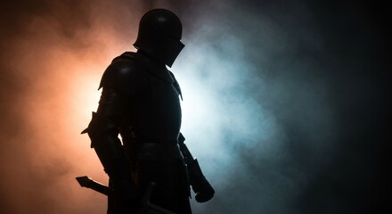 Fototapeta premium Mysterious Knight in Dark Armor Standing Silhouetted Against Smoky Backdrop