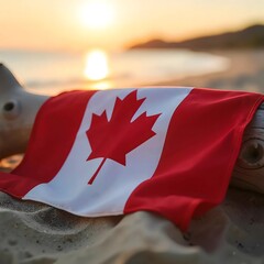 Canadian flag draped on driftwood at a beach during sunset with a blurred background of water and land