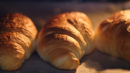 Three croissants baking in oven on parchment paper. Close-up macro food photography. Baking process and bakery concept for design and print