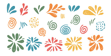 Firework drawing by crayon set. Colorful party firecrackers and splashes in scribble doodle style isolated on white background. Vector carnival decoration.