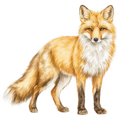 Fototapeta premium A realistic fox with orange fur is standing isolated on a white background.