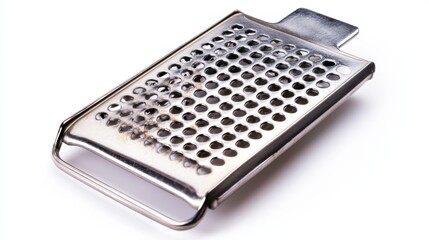 A metal grater for shredding fruits and veggies. It has both small and large holes. Isolated on a white background.
