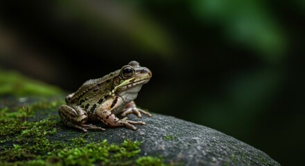 Close-up of a european common brown frog sitting on a mossy rock
