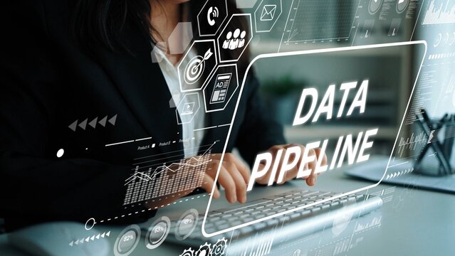 Professional working on data pipeline management with futuristic digital interface and business graphs on display. Asymptotic smart data analytic.