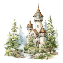 Watercolor painting depicts a fairytale castle led in a forest landscape.