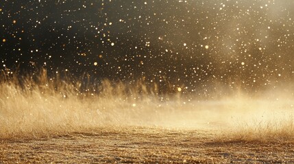 Golden, misty field landscape with falling particles.
