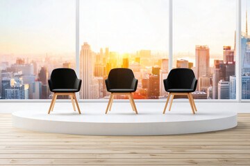 corporate stage setup with three executive chairs