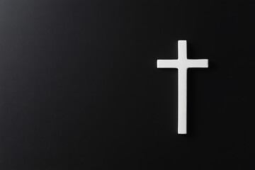Simple white cross on black background. Symbol of faith, Christianity, hope, and spirituality. Minimalist design for cards and memorial.
