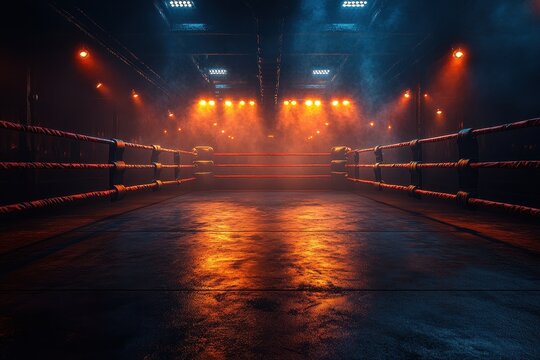 Boxing ring illuminated by dramatic lighting in an empty urban gym atmosphere at night
