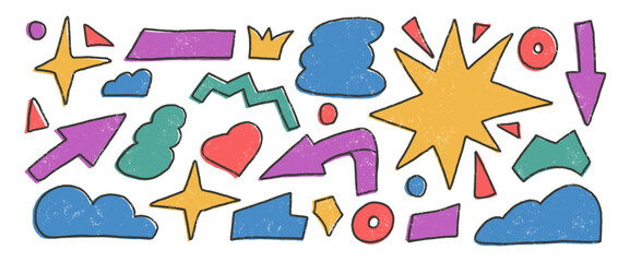 Abstract geometric shapes scribble set. Organic colorful playful stickers doodle isolated on white background. Graphic hand drawn elements. Vector figures illustration by pencil isolated on white.