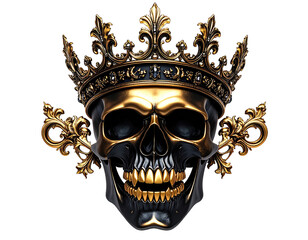 Fototapeta premium Ornate golden skull crowned with detailed filigree against a transparent backdrop. The skull features gleaming golden teeth and intricate decorative elements. The image is a high-contrast graphic.