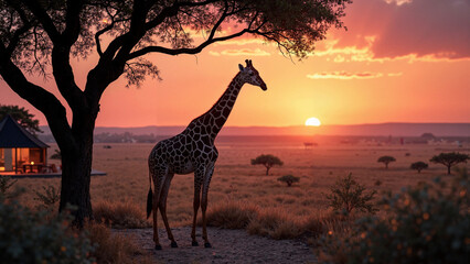 Majestic giraffe at luxury safari hotel during golden-hour sunset, perfect for travel agencies, high-end resorts, and wildlife conservation ads    keywords:   giraffe, luxury, safari, hotel, five-star