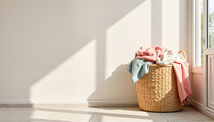 Fototapeta premium Woven laundry basket filled with colorful towels in sunlit room 