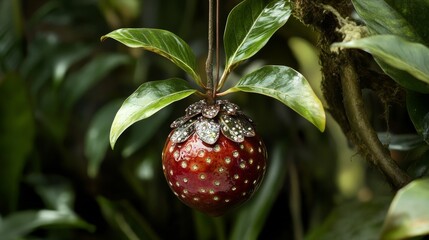 Obraz premium A small, young mangosteen hangs from the tree. Dark green leaves surround it, showing how this tropical fruit starts to grow. 