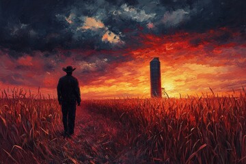 Fototapeta premium Cowboy walks through golden field at sunset near tall structure with dramatic clouds in background