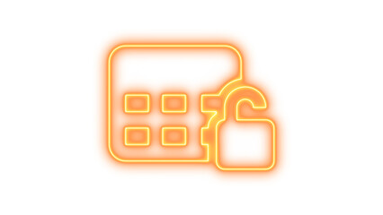 Neon Calendar with Open Padlock Icon, Neon table cells row unlock glow with transparent background