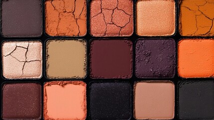 Fototapeta premium Close-up of an eyeshadow palette. the palette is rectangular in shape and has a black background. there are 16 squares in total, arranged in a grid-like pattern.