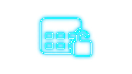 Neon Calendar with Open Padlock Icon, Neon table cells row unlock glow with transparent background