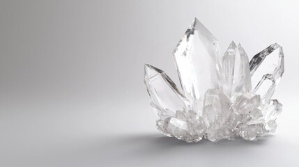 Photograph of a cluster of clear crystals on a plain white background. the crystals are arranged in a way that they form a star-like shape, with each crystal having a pointed tip and a pointed end.