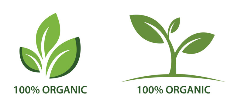 100 percent organic vector logo design with green leaves, eco-friendly plant icons for natural product branding, sustainable agriculture and healthy lifestyle label