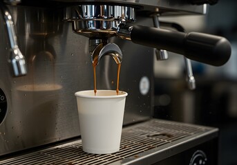 Pouring coffee into disposable cup from espresso machine