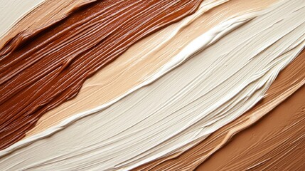 Close-up of a swatch of foundation or concealer. the swatch is made up of multiple layers of different shades of foundation, ranging from light beige to dark brown.