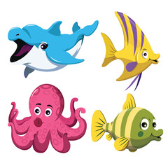 This is a cute cartoon sea animal vector set with funny fish, sharks, dolphins, octopus, starfish, jellyfish, crabs, and other marine life illustrations for underwater ocean and aquarium designs