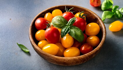 wooden bowl filled with fresh red and yellow cherry tomatoes with green basil leaves