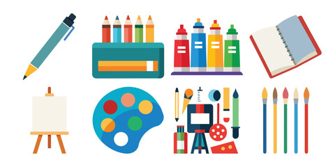 Art supplies, tools set. Paints palettes, brushes, pencil kit, pen, sketchbook, easel and canvas. Painters equipment, drawing stationery. Flat graphic vector illustrations isolated on white background