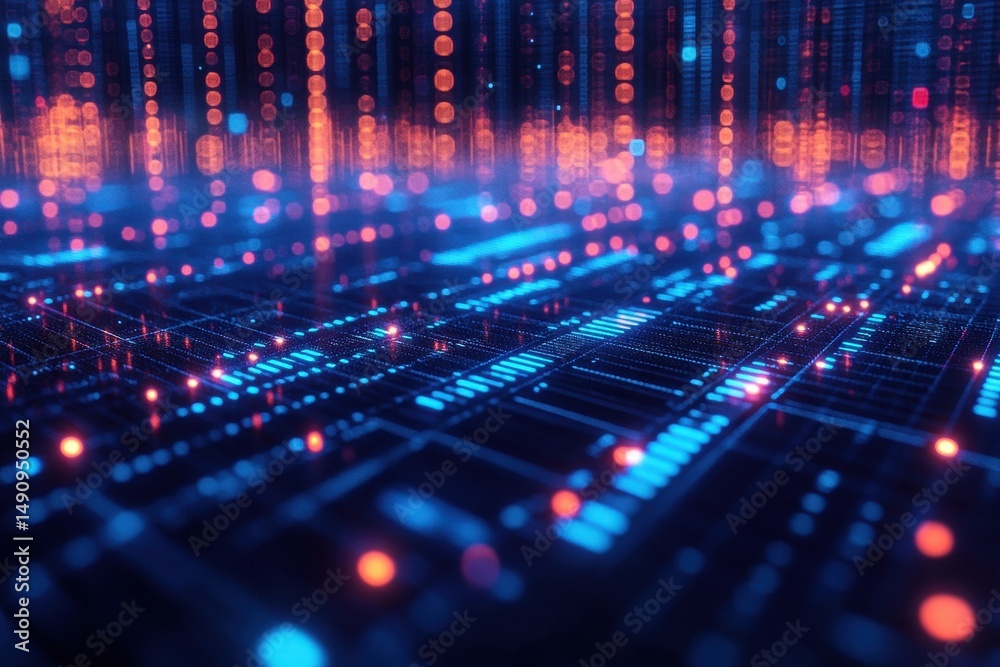 Poster digital network visualization showcasing intricate data patterns in vibrant colors during nighttime