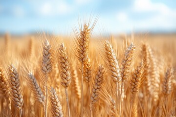 Fototapeta premium Golden wheat field swaying gently under a clear blue sky on a sunny day in late summer