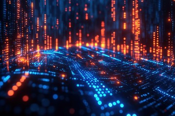 Colorful digital landscape showcasing vibrant blue and orange data streams flowing over a futuristic grid at night