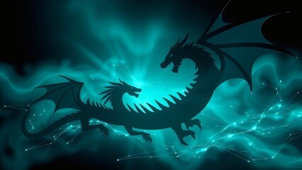 Abstract dragon silhouettes soar on a deep teal backdrop, creating a modern, technological background with subtle glowing effects.
