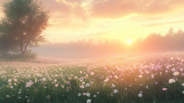Serene sunrise over misty field of wildflowers.