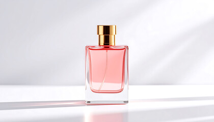 Elegant Pink Perfume Bottle on Clean White Surface with Lighting