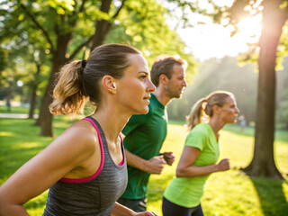 Men and women of all ages running for health. Early morning running. Parks. During the day. Ultraviolet rays. Sunburn.