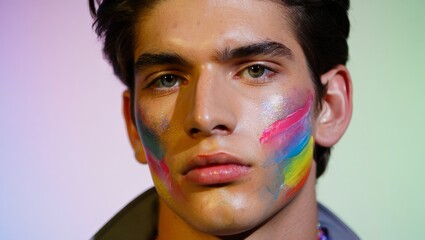 Androgynous Fashion Portrait with Rainbow LGBT Face Paint and Bold Editorial Style