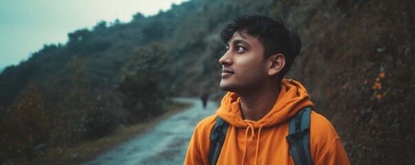 Pensive man in orange hood exploring scenic outdoor landscape